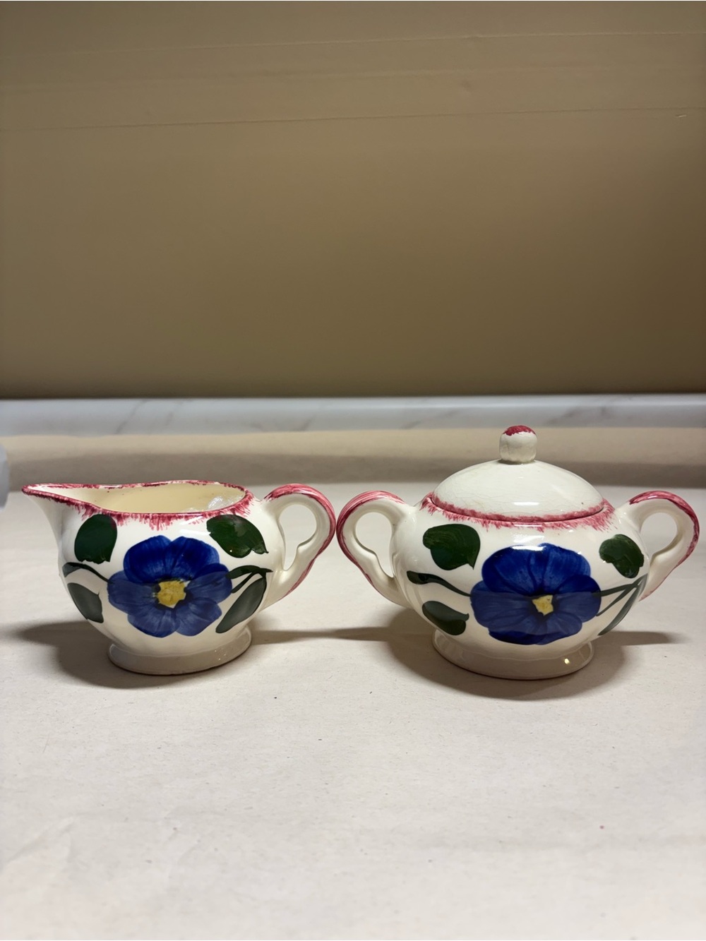 Hand-Painted Blue Floral Sugar Bowl and Creamer Set
